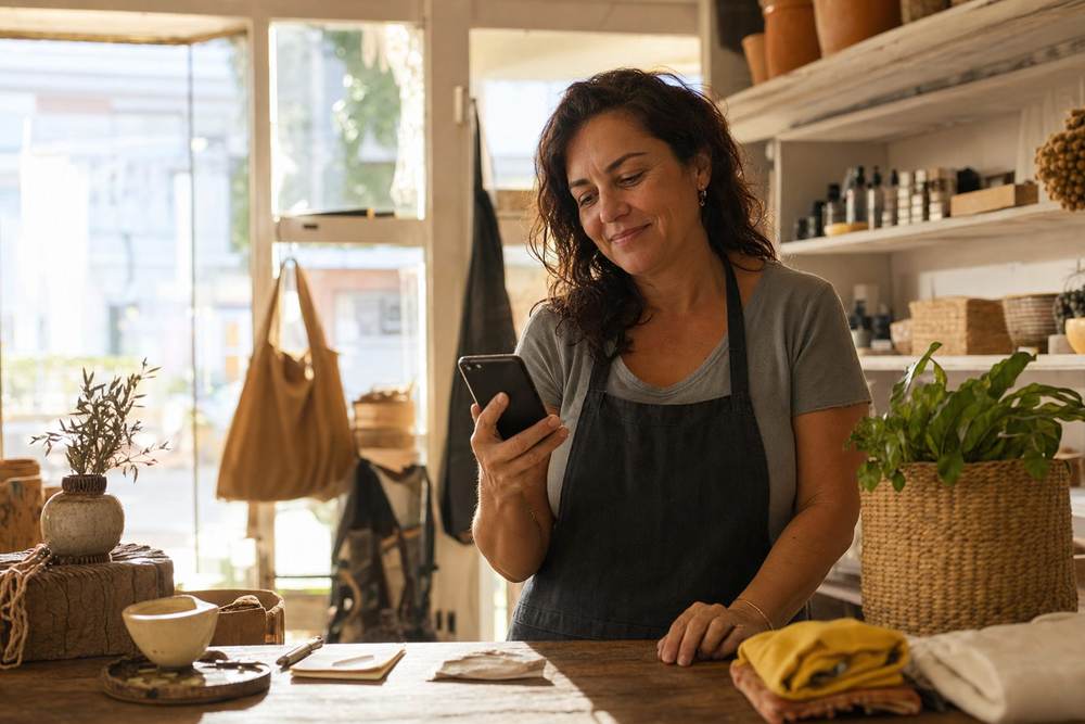 A shop owner behind her counter checking her phone in warm afternoon light.