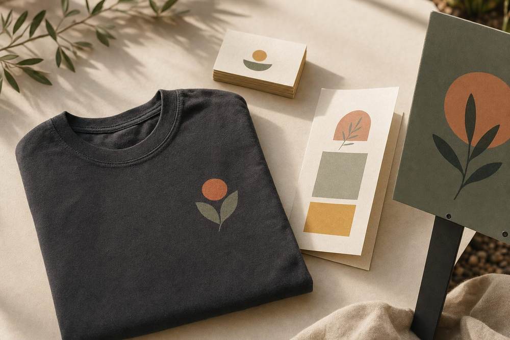 A folded shirt with a printed emblem beside business cards, a menu, and a yard sign.