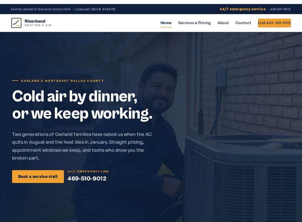 The rebuilt heating and air website with a large headline and a clear call button.