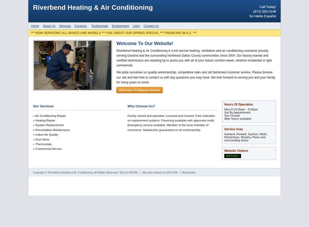 A dated heating and air website with small text and a crowded layout.