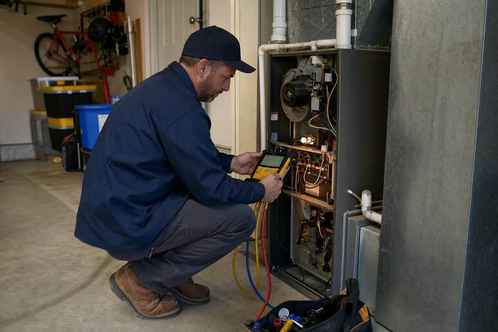 A technician working on a furnace in an attic.