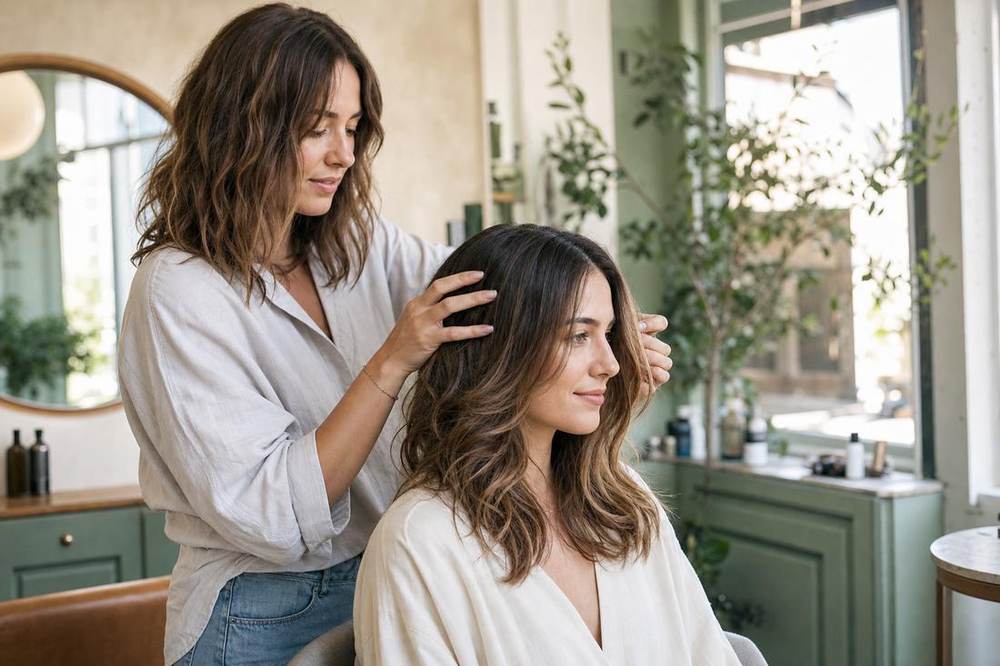 A stylist applying color to a client's hair.