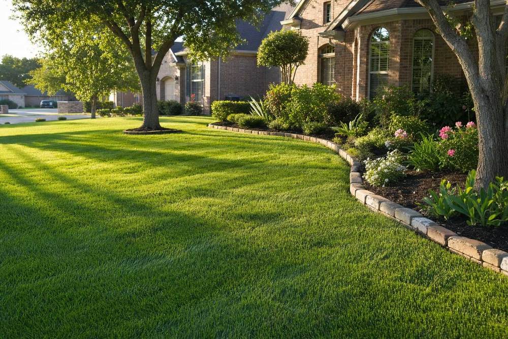 A freshly edged lawn and flower bed.