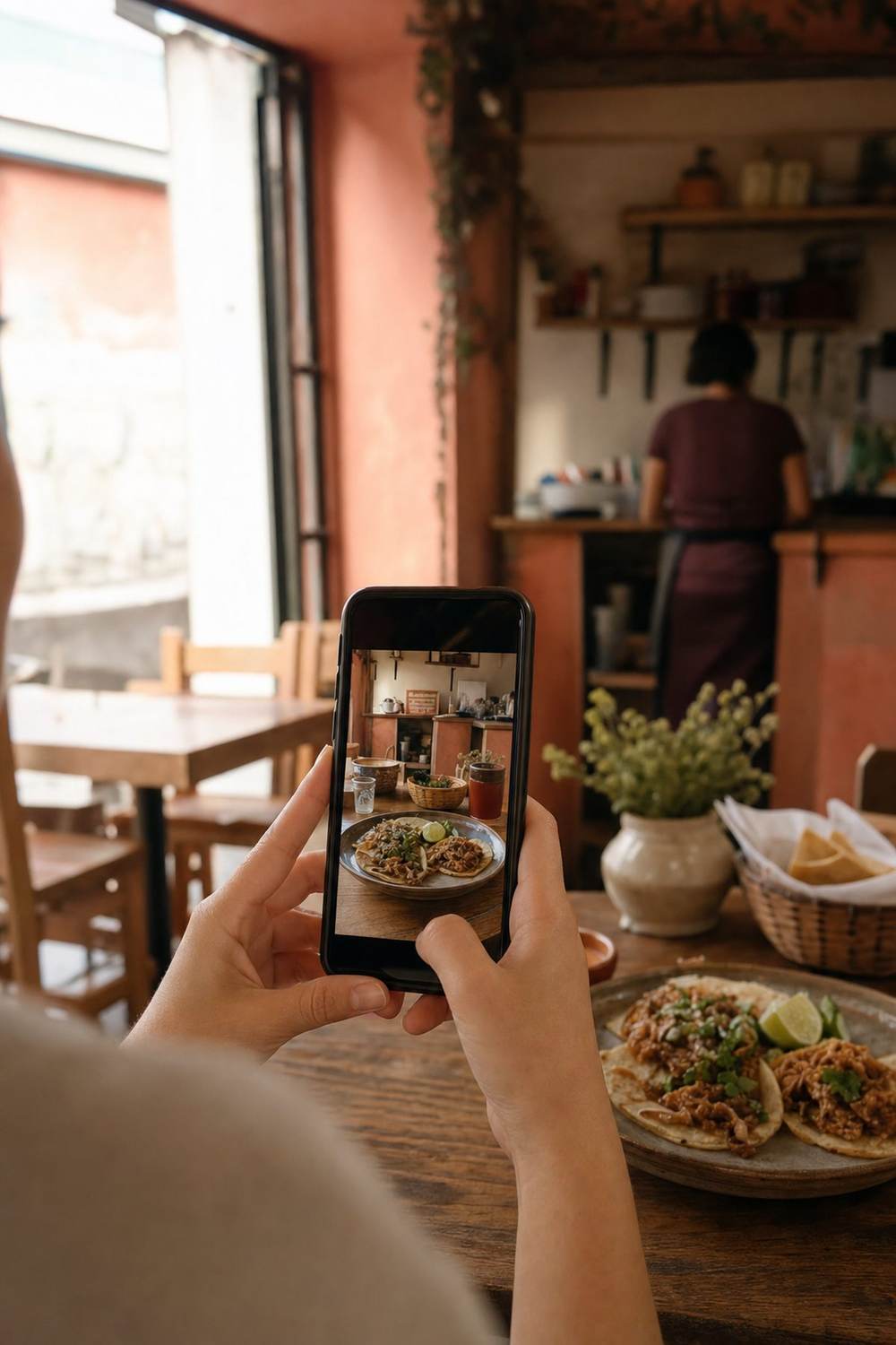 Someone filming a plate of food on a phone inside a small neighborhood restaurant.