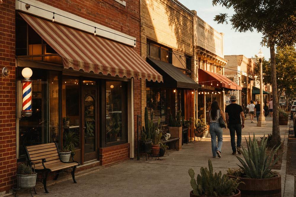 A row of independent storefronts on a main street at golden hour.