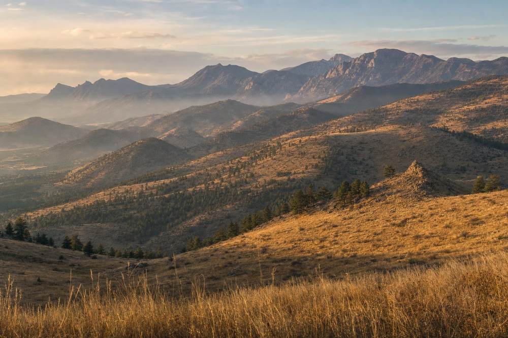 The Front Range foothills above Fort Collins, Colorado, in late light.