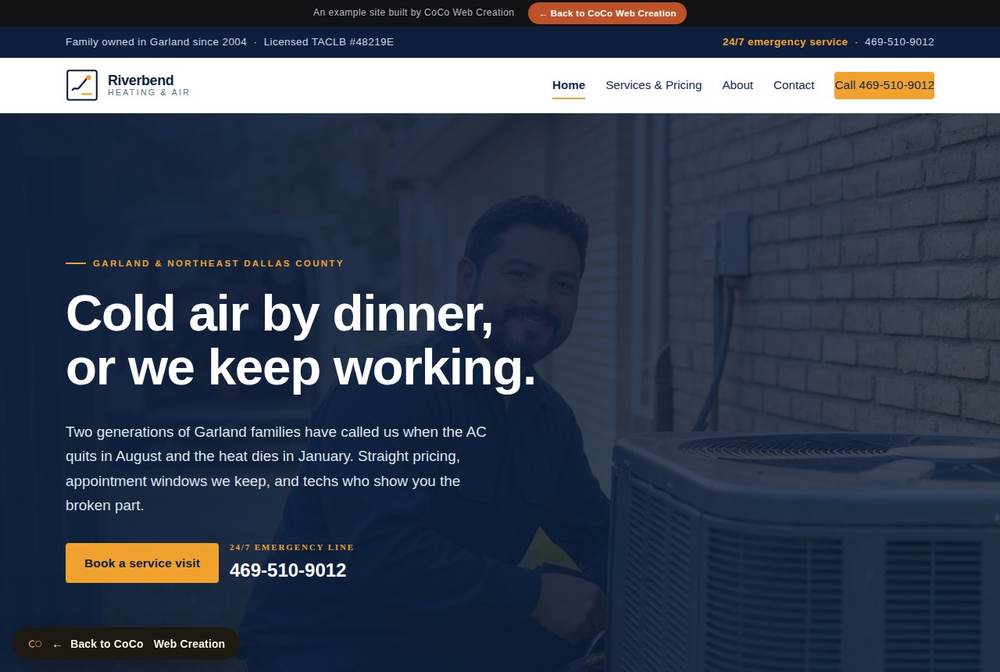 Home page of the Riverbend Heating and Air site.
