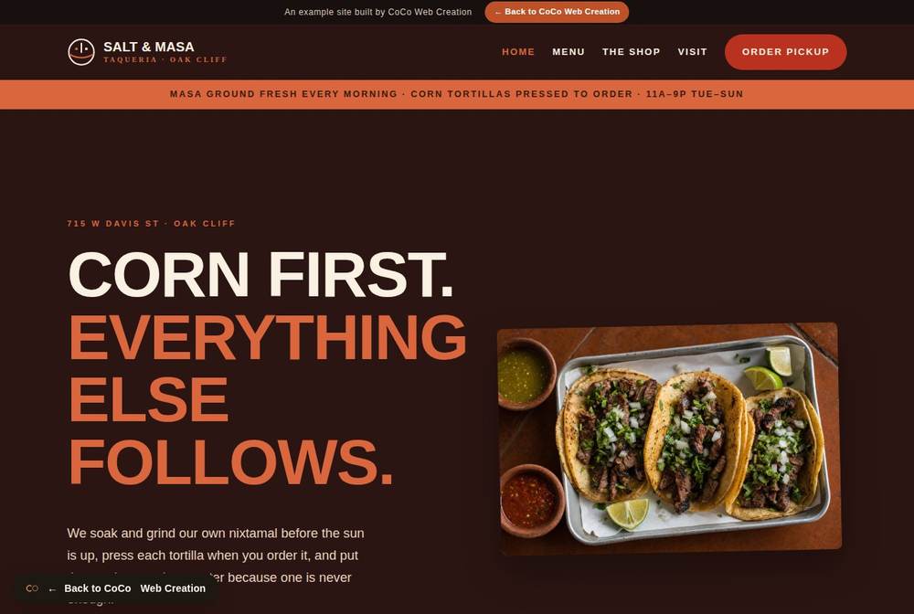 Home page of the Salt and Masa Taqueria site.