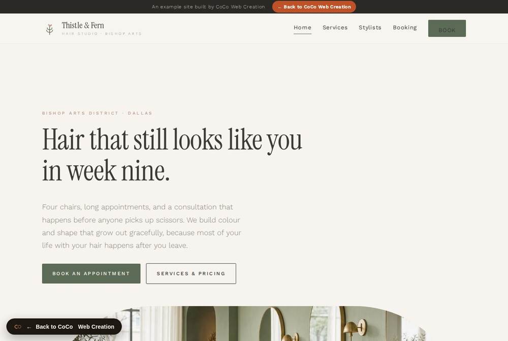 Home page of the Thistle and Fern Hair Studio site.