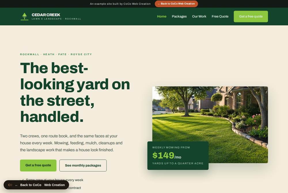 Home page of the Cedar Creek Lawn and Landscape site.